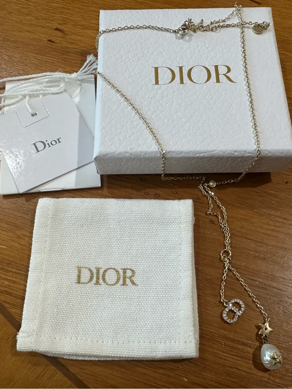Christian Dior CD Logo Pearl Star Long Necklace White Tone Lucky Charms